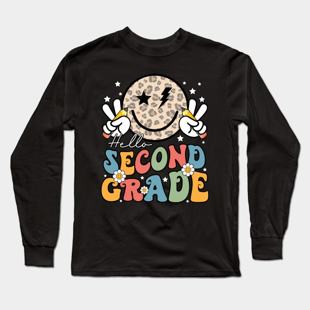 Leopard Groovy Happy Face Hello Second Grade Long Sleeve T-Shirt by Magazine